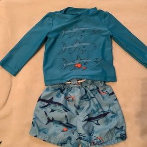 Toddler boy shark swim trunks with rash guard. Blue